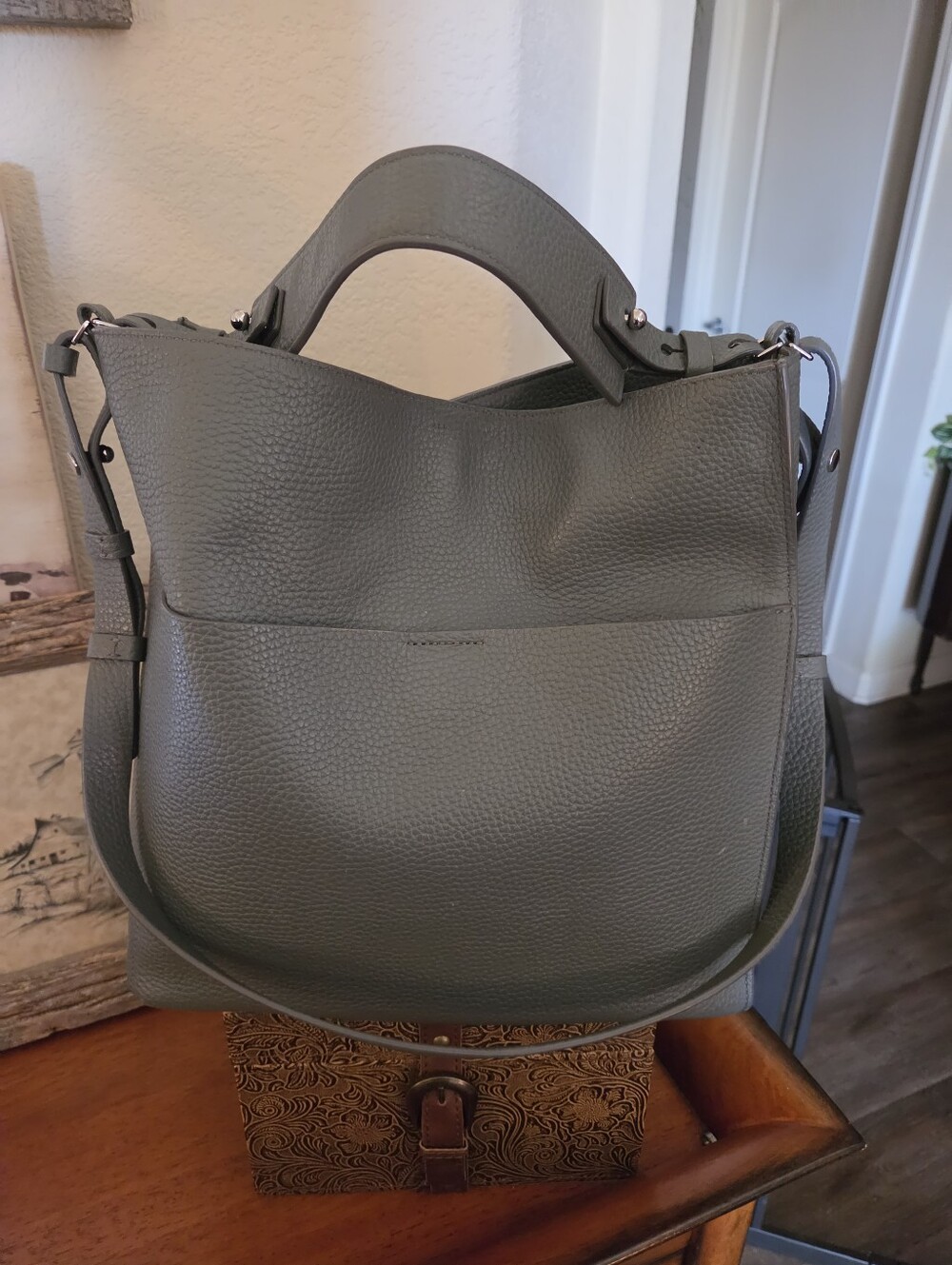 ALLSAINTS• "MAST" PEBBLED Olive/Grey LEATHER TOTE/CROSSBODY 🍁🍂🍃